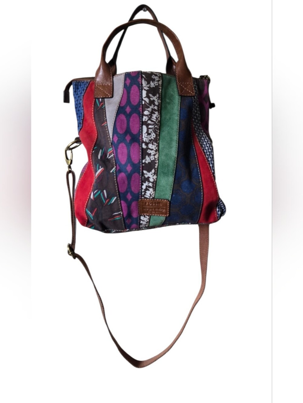 Fossil Patchwork Tote Crossbody Bag Multicolor Suede Canvas Leather Key Charm - Picture 2 of 16